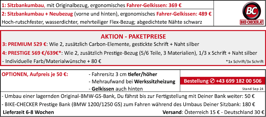 BMW 1200 GS und Adventure Sitzbank Preise